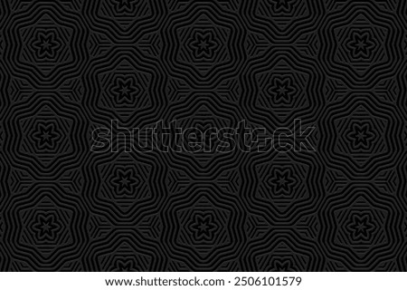 Embossed black background, tribal cover design, banner. Geometric floral 3D pattern, embossing. Ornaments, unique handmade. Decorative ethnic group of the East, Asia, India, Mexico, Aztec, Peru.