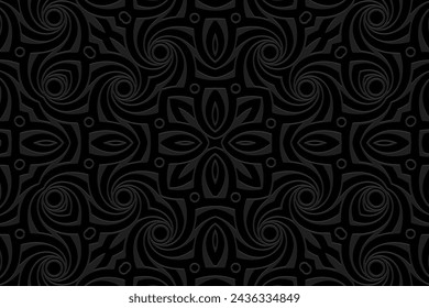 Embossed black background, unique cover design. Geometric 3D pattern, handmade. Ornaments, arabesques, boho style. Design and decor in the best traditions of the peoples of the East, Asia, India.