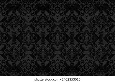 Embossed black background, vintage cover design. Handmade, ornaments. Geometric ethnic fashionable 3D pattern. Tribal traditions of the East, Asia, India, Mexico, Aztec, Peru. Boho style.