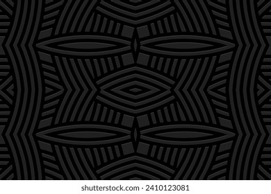 Embossed black background, vintage cover design. Handmade, arabesque, ornamental texture from lines. Geometric ethnic 3D pattern. Tribal traditions of the East, Asia, India, Mexico, Aztec, Peru.