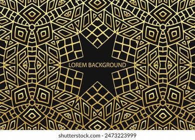 Embossed black lorem background, cover design, banner. Geometric vintage gold 3D pattern. Tribal designs, arabesques, handmade. Ethnic style of the East, Asia, India, Mexico, Aztec, Peru.