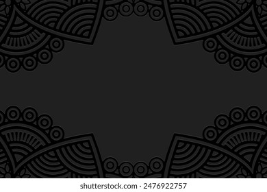 Embossed black lorem background, cover design, banner. Geometric abstract vintage 3D pattern. Ethnic ornaments, arabesques, handmade. Boho style of the East, Asia, India, Mexico, Aztec, Peru.