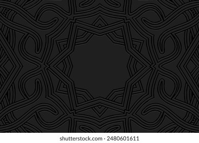 Fondo de lórum negro grabado, diseño de la cubierta, Anuncio. Patrón geométrico tribal abstracto 3D. Adornos étnicos, mandala, hechos a mano. Art Decó, tradiciones de Oriente, Asia, India, México, Azteca, Perú.