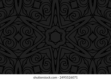 Embossed black lorem background, cover design, banner, logo. Place for text. Geometric elegant 3D pattern. Tribal ornaments, mandala. Ethnic traditions of the East, Asia, India, Mexico, Aztec, Peru.
