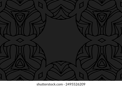 Embossed black lorem background, cover design, banner, logo. Place for text. Geometric abstract 3D pattern. Tribal ornaments, mandala. Ethnic traditions of the East, Asia, India, Mexico, Aztec, Peru.