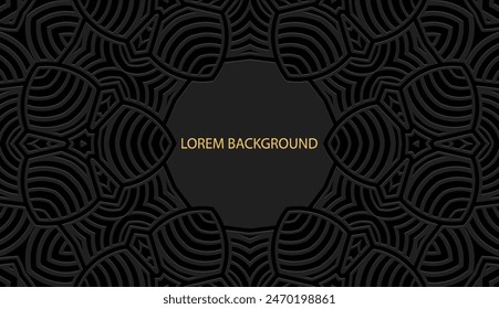 Embossed black lorem background, tribal cover design. Geometric decorative 3D pattern, boho motifs, business card. Ethnic ornaments, handmade. Traditions of the East, Asia, India, Mexico, Aztec, Peru.