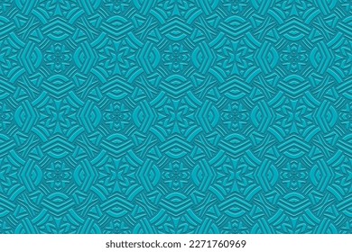 Embossed blue background, cover design. Geometric art 3D pattern, press paper, leather. Boho, handmade ethnic themes. Traditions of the East, Asia, India, Mexico, Aztecs, Peru.