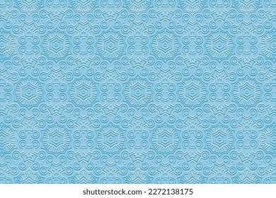 Fondo azul con relieve, diseño de portada. Patrón 3d geométrico abstracto, papel de prensa, deco de arte de lujo. Boho, temas étnicos hechos a mano. Tradiciones de Oriente, Asia, India, México, aztecas, Perú.
