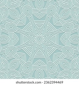 Embossed blue background, cover design. Geometric ethnic floral 3D pattern, press paper, leather. Handmade, artistic mandala. Boho, elegant motifs of the East, Asia, India, Mexico, Aztec, Peru.