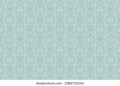 Embossed blue background, cover design. Lace style, handmade. Geometric ethnic decorative 3D pattern. Arabesques of the East, Asia, India, Mexico, Aztec, Peru.