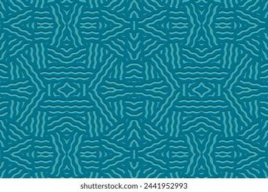 Embossed blue background, cover design. Geometric decorative 3D pattern, handmade, doodling, boho. Design in the ethnic traditions of the peoples of the East, Asia, India, Mexico, Aztec, Peru.
