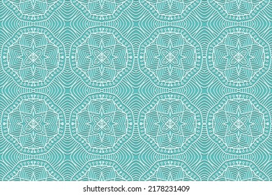 Antecedentes azules, diseño de portada étnica. Patrón 3D abstracto geométrico. Ornamentos tribales de encaje de Oriente, Asia, India, México, Aztecas, Perú. Estilo hecho a mano.