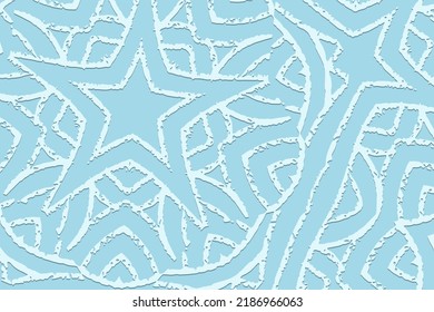 Eingebetener blauer Hintergrund, ethnisches Titeldesign. Geometrisches 3D-Muster, doodling-Ornamente. Tribal handgefertigte Kunst aus Ost, Asien, Indien, Mexiko, Azteken, Peru.