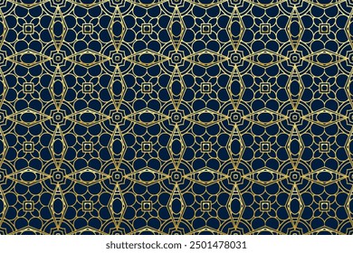 Embossed blue background, tribal cover design, banner. Geometric gold 3D pattern, embossing. Ethnic ornaments, handmade. Traditions of the peoples of the East, Asia, India, Mexico, Aztec, Peru.