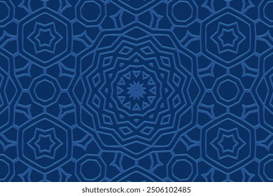 Embossed blue background, tribal cover design, banner. Geometric openwork 3D pattern, embossing. Ornaments, unique handmade. Decorative ethnic group of the East, Asia, India, Mexico, Aztec, Peru.