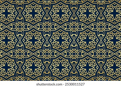 Embossed blue background, tribal cover design, banner. Vintage print, geometric original pattern in stained glass style. Ethnic gold ornaments, mandala, arabesques. Traditions of the East, Asia, India