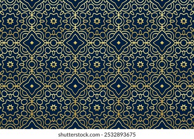 Fondo azul en relieve, diseño de la cubierta tribal, Anuncio. Estampado Antiguas, estampado floral geométrico en estilo vitral. Adornos dorados, mandala, arabescos. Tradiciones étnicas del Este, Asia, India