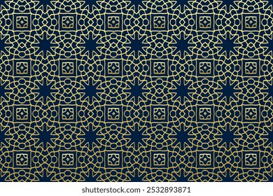 Fundo azul gravado, design de capa tribal, banner. Impressão vintage, padrão decorativo geométrico em estilo de vitral. ornamentos dourados, mandala, arabescos. Tradições étnicas do Oriente, Ásia