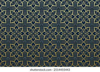 Embossed blue background, tribal design cover, banner. Geometric golden decorative pattern in stained glass style. Ethnic ornaments, mandala, arabesque. Traditions of the East, Asia, India, Mexico