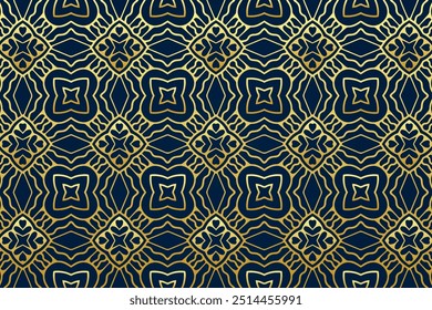 Fondo azul en relieve, cubierta de diseño tribal, Anuncio. Patrón artístico de oro geométrico en estilo de vidriera. Ornamentos étnicos, mandala, arabesco. Tradiciones del Este, Asia, India, México, Azteca