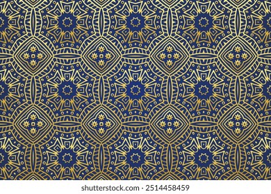 Embossed blue background, tribal design cover, banner. Geometric golden exotic pattern in stained glass style. Ethnic ornaments, mandala, arabesque. Traditions of the East, Asia, India, Mexico, Aztec,