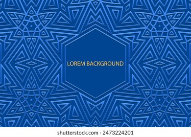 Embossed blue lorem background, cover design, banner. Geometric luxury 3D pattern. Tribal designs, arabesques, handmade. Ethnic style of the East, Asia, India, Mexico, Aztec, Peru.