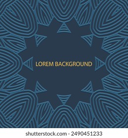 Embossed blue lorem background, cover design, banner, logo. Place for text, frame. Geometric tribal 3D pattern. Ethnic ornaments, mandala, handmade East, Asia, India, Mexico, Aztec, Peru.