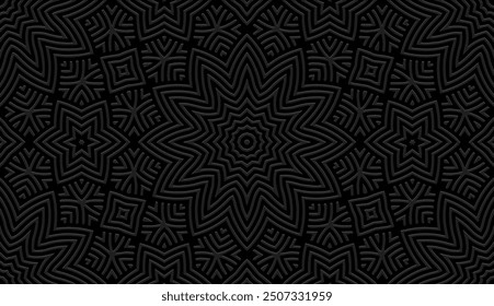 Embossed boho black background, tribal cover design, banner. Geometric abstract 3D pattern, embossing. Ornaments, handmade. Artistic ethnicity of the East, Asia, India, Mexico, Aztec, Peru.