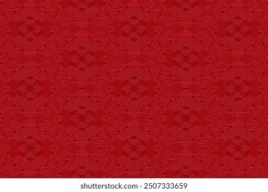 Prägte boho hellroten Hintergrund, Tribal Cover Design, Banner. Geometrisches 3D-Muster, Prägung. Ornamente, handgefertigt. Künstlerische Ethnizität des Ostens, Asiens, Indiens, Mexikos, der Azteken, Perus.