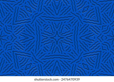 Geprägter hellblauer Hintergrund, Cover-Design. Boho-Motive der Stämme. Geometrisches originales 3D-Muster, Visitenkarte. Ethnische Ornamente, handgefertigt aus dem Osten, Asien, Indien, Mexiko, Azteken, Peru.