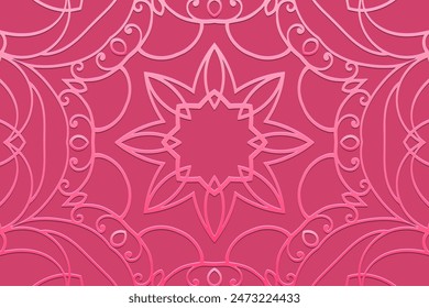 Fondo rosa brillante grabado, diseño de la cubierta, Anuncio. Patrón 3D floral de moda geométrica. Diseños tribales, arabescos, hechos a mano. Estilo étnico de Oriente, Asia, India, México, Azteca, Perú.