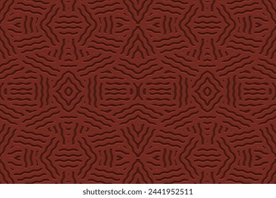 Embossed brown background, cover design. Geometric original 3D pattern, handmade, doodling, boho. Design in the ethnic traditions of the peoples of the East, Asia, India, Mexico, Aztec, Peru.