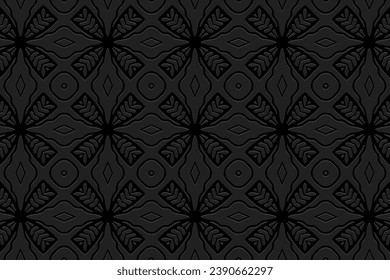 Fondo negro creativo, diseño de portada. Estilo de boho ornamental, hecho a mano. Patrón geométrico étnico 3D. Arabescos de Oriente, Asia, India, México, Azteca, Perú.