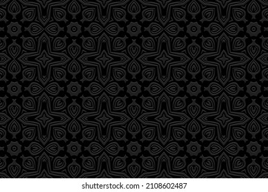Embossed creative black background, vintage cover design, ethno style. Geometric monochrome 3D pattern, Motifs of the peoples of the East, Asia, India, Mexico, the Aztecs.