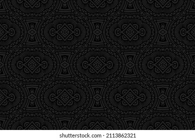 Embossed creative black background, vintage cover design, ethno style. Geometric monochrome 3D pattern. National flavor of the peoples of the East, Asia, India, Mexico, the Aztecs.
