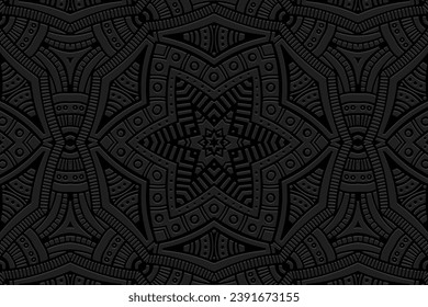 Embossed creative black background, vintage cover design. Boho style, ornamental handmade. Geometric ethnic 3D pattern. Arabesques of the East, Asia, India, Mexico, Aztec, Peru.