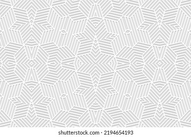 Embossed creative white background, ethnic cover design. 3D pattern of geometric shapes, lines, stripes. Art deco style. Folk traditional ornaments of the East, Asia, India, Mexico, Aztecs, Peru.