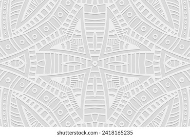 Embossed creative white background, vintage cover design. Handmade, boho, doodle, zentagle. Geometric ethnic 3D pattern. Ornaments, arabesques. Exotic of the East, Asia, India, Mexico, Aztec, Peru.