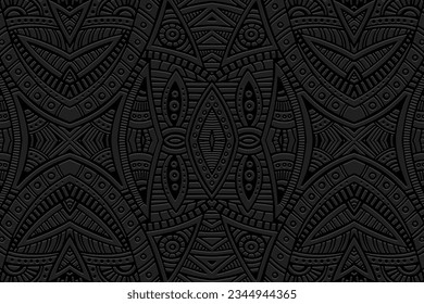 Embossed decorative black background, cover design. Geometric 3D pattern, press paper, leather. Boho, handmade. Tribal color, ethnic motives of the East, Asia, India, Mexico, Aztec, Peru.
