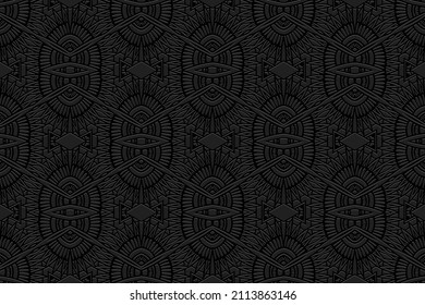 Fondo negro decorativo con relieve, diseño de la cubierta vintage, estilo étnico. Patrón 3D monocromo geométrico. Sabor nacional de los pueblos de Oriente, Asia, India, México, los aztecas.