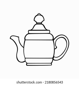 Tetera decorativa emboscada para preparar té, ilustración vectorial monocromática sobre fondo blanco