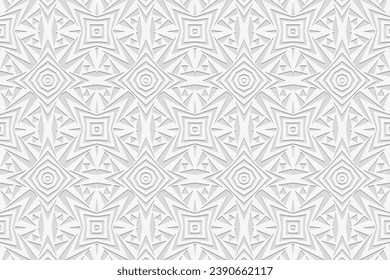 Fondo blanco decorativo, diseño de la cubierta. Estilo de boho ornamental, hecho a mano. Patrón 3D geométrico elegante y étnico. Arabescos de Oriente, Asia, India, México, Azteca, Perú.
