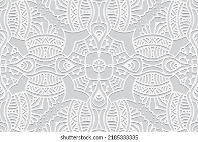 Embossed decorative white background, ethnic cover design. Geometric vintage 3D pattern, arabesque, doodling texture. Tribal exotic ornaments of East, Asia, India, Mexico, Aztecs, Peru.