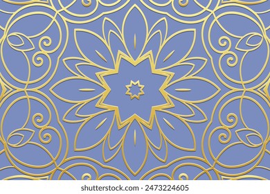 Fondo azul delicado en relieve, diseño de la cubierta, Anuncio. Patrón 3D floral de oro geométrico. Diseños tribales, arabescos, hechos a mano. Estilo étnico de Oriente, Asia, India, México, Azteca, Perú.