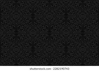 Embossed elegant black background, cover design. Geometric ethnic 3D pattern, press paper, leather. Fantasies of the East, Asia, India, Mexico, Aztecs, Peru. Dudling, boho, art deco, handmade style.