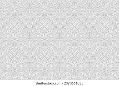 Embossed elegant white background, cover design. Ornamental boho style, handmade. Geometric ethnic 3D pattern. Arabesques of the East, Asia, India, Mexico, Aztec, Peru.