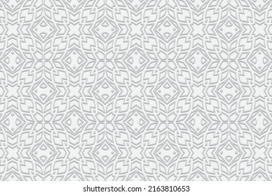 Elegante fondo blanco, diseño de portada étnica. Patrón geométrico 3D. Idea de textura moderna al estilo artesanal de los pueblos de Oriente, Asia, India, México, Aztecas, Perú.