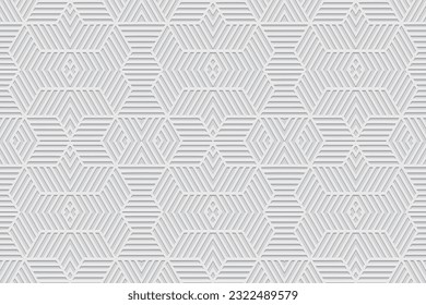 Embossed elegant white background, ethnic cover design. Geometric 3D pattern of lines, stripes and contours, press paper, leather. Tribal flavor of the East, Asia, India, Mexico, Aztec, Peru.