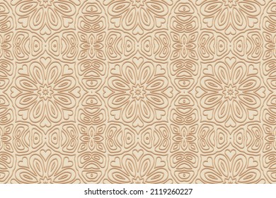 Embossed ethnic beige kaleidoscope background, futuristic cover design. Geometric floral minimalistic 3D pattern. National flavor of the peoples of the East, Asia, India, Mexico, Aztecs.