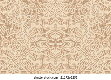 Embossed ethnic beige kaleidoscope background, futuristic cover design. Geometric decorative minimalistic 3D pattern. National flavor of the peoples of the East, Asia, India, Mexico, Aztecs.